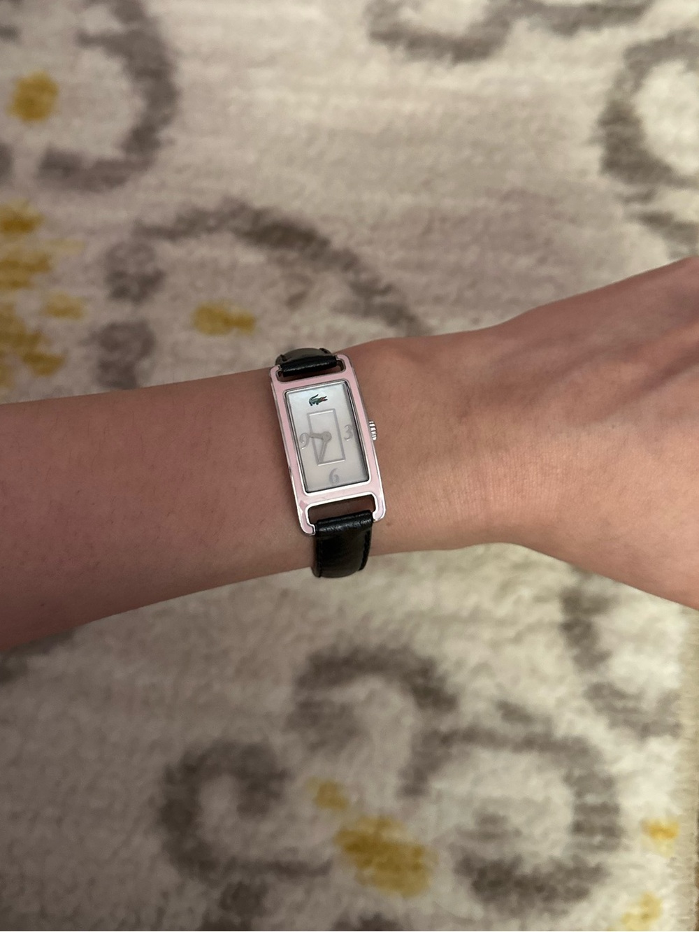 Lacoste Women's Black Leather Strap Pink-Trim Rectangular Dial Watch